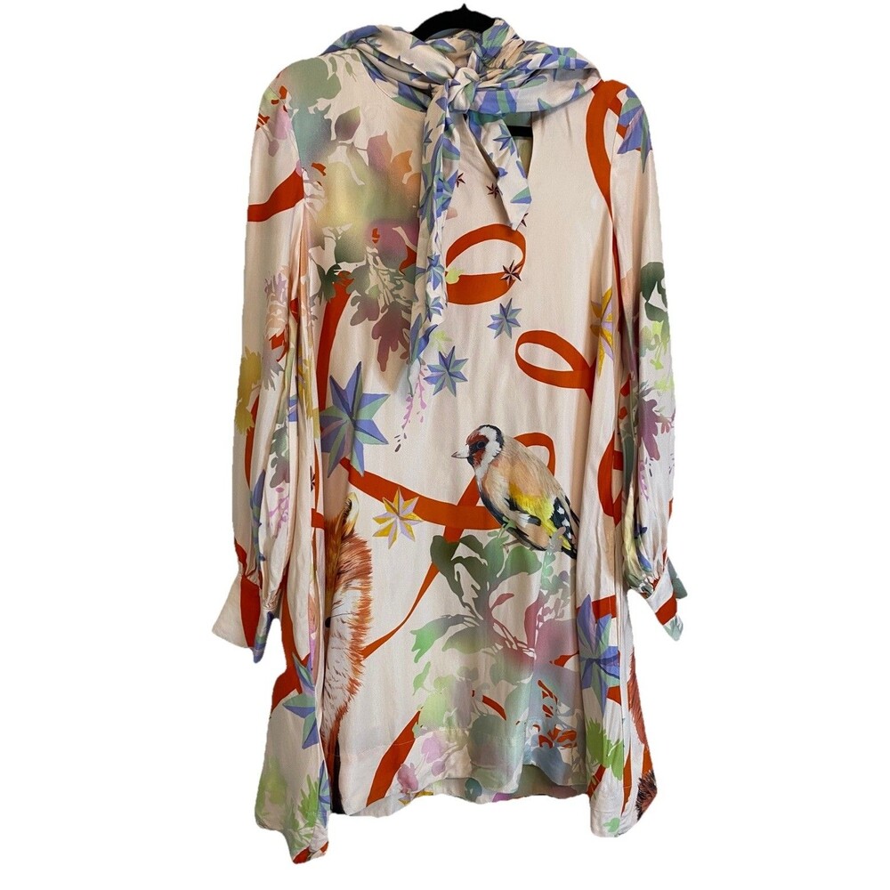 Maeve Anthropologie The Caroline Mini Dress Floral Tie Neck Sz S Fox Birds Beige
